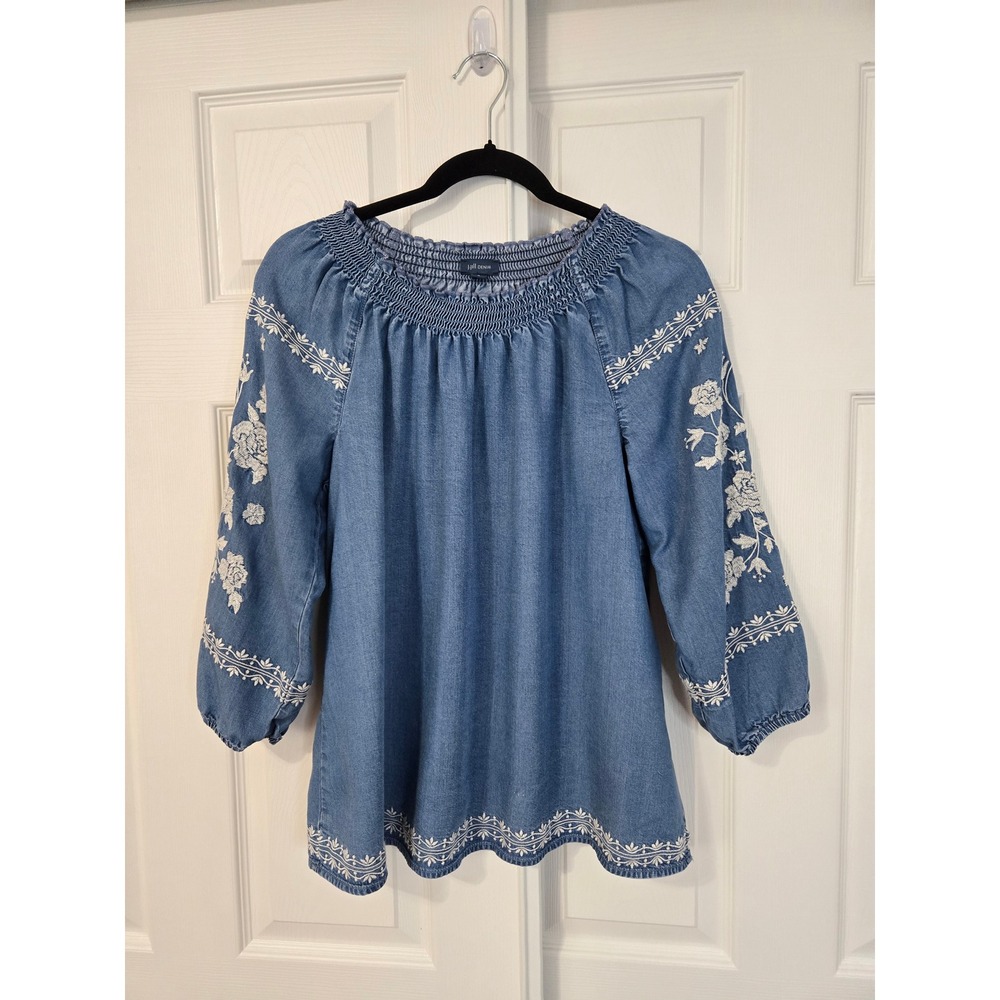J. Jill Denim Blue Tencel Embroidered Floral Smocked Peasant Top Medium